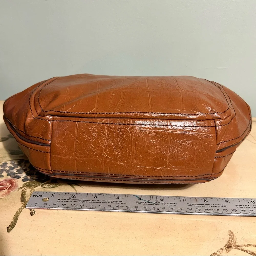 Nine West Cognac Tan Embossed Faux Leather Croc Reptile Print Hobo Bag Purse